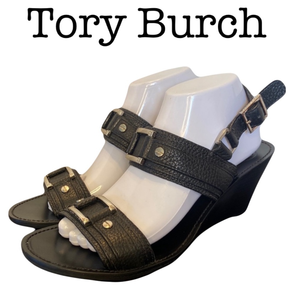 Tory Burch Black Leather Open Toe Wedge Sandals Size 10